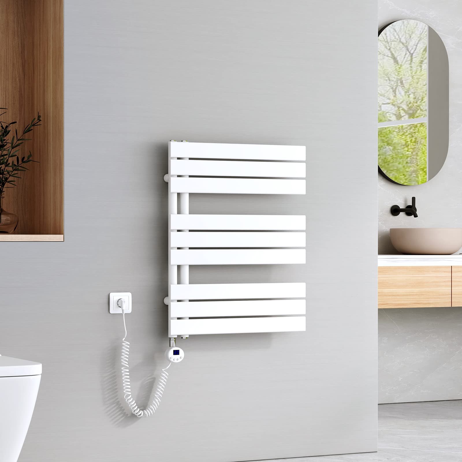 EMKE Sèche-Serviettes Électrique avec WiFi Thermostat,762x600 mm,Blanc | Seche Serviette Electrique,400 W ,Porte-Serviettes Électrique,Radiateur Seche Serviette Salle de Bain Mural