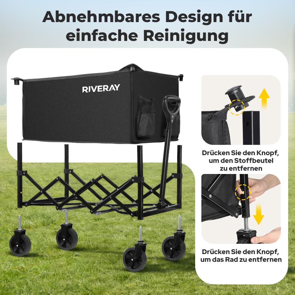Bollerwagen Faltbar 120L 120KG, Klappbarer Bollerwagen mit Abnehmbarer Stofftasche Verstellbarem Griff, Faltbarer Handwagen All Terrain Rädern für Camping, Garten, Outdoor, Einkauf