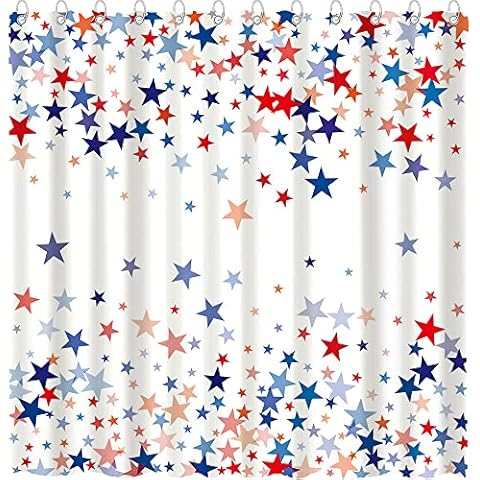 TOKTILIKT Blue and Red Stars Shower Curtain Set for Bathroom Decoration 4th of July Shower Curtain American Flag with Stars Shower Curtain 72x72in Cover