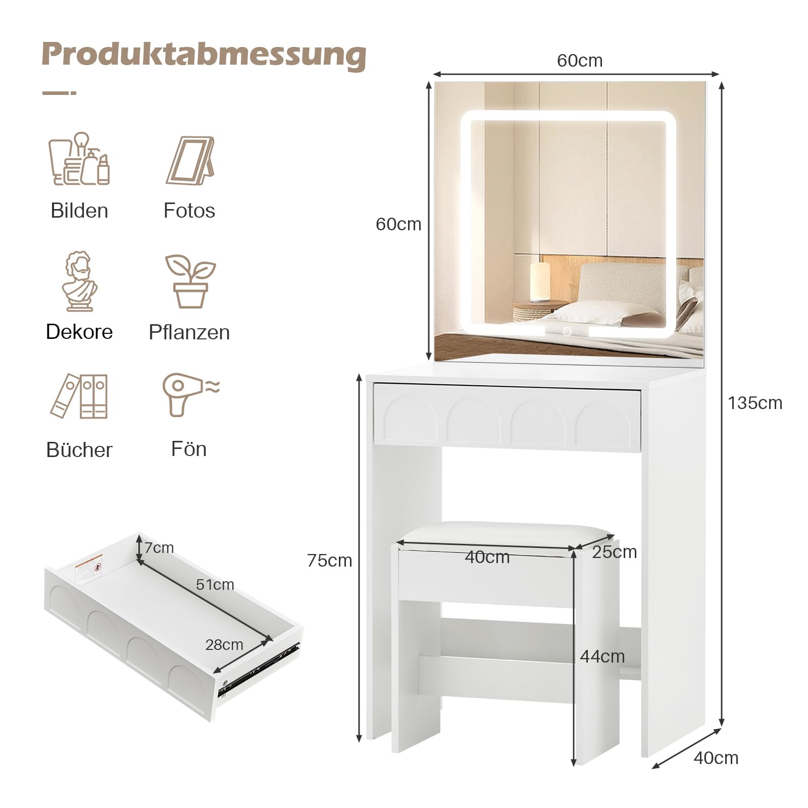 TUKAILAI Schminktisch mit Beleuchtung, Schminktisch Klein mit Spiegel, 60cm Breit Platzsparende Schminkkommode, Kosmetiktisch für Wohnung, kleines Zimmer, Weiß