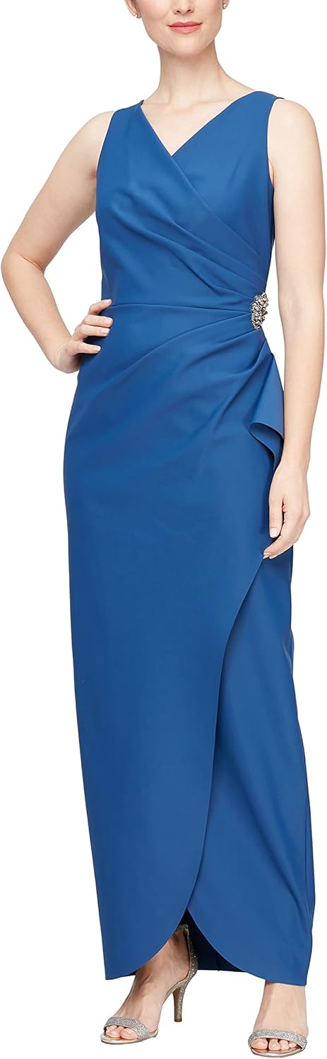 Alex Evenings - Brandclub - Alex Evenings Women's Slimming Long Side Ruched  Mother of The Bride Dress W/Cascade Ruffle Skirt (Petite and Regular Sizes)