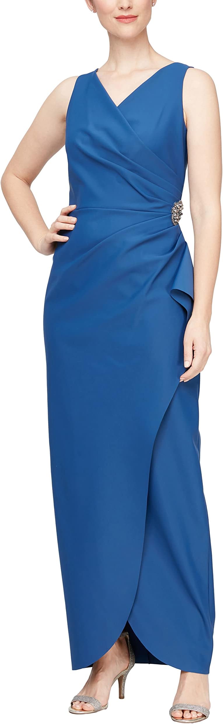 Alex EveningsWomen's Slimming Long Side Ruched Dress with Cascade Ruffle Skirt