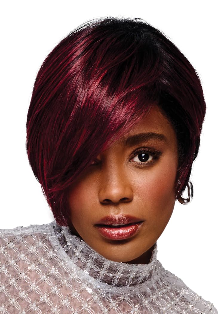 Kim Kimble Anastasia Short Asymmetrical Cut With Side Swept Bangs Wig by Hairuwear, Average Cap, MC4/35SS Sangria