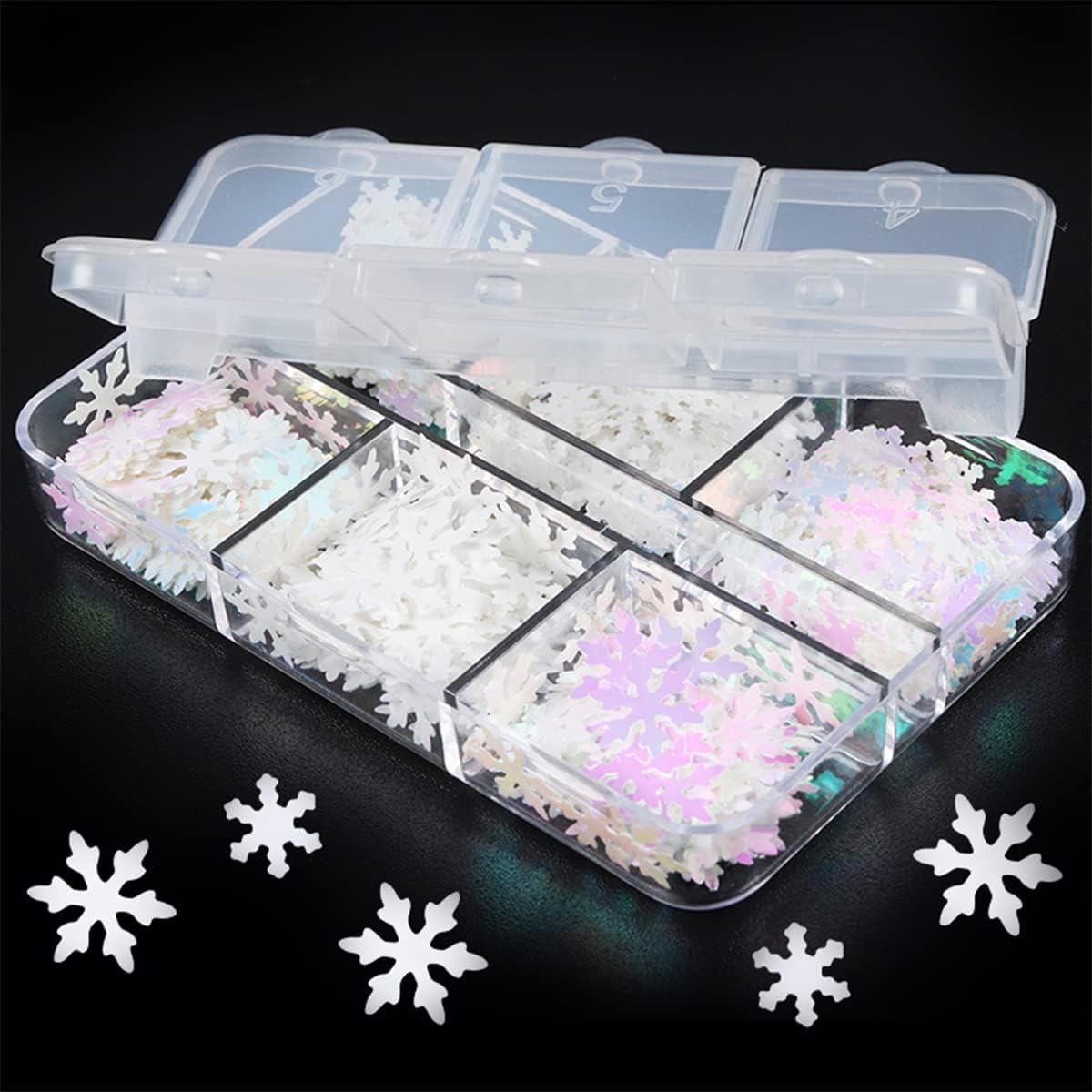 6 Grids White Snowflake Nail Art Glitter Sequins Charms Holographic Snow Flakes Nail Slices Winter Christmas Nail Art Decorations Xmas Manicure Tips for Acrylic Nails Iridescent White Nail Supplies