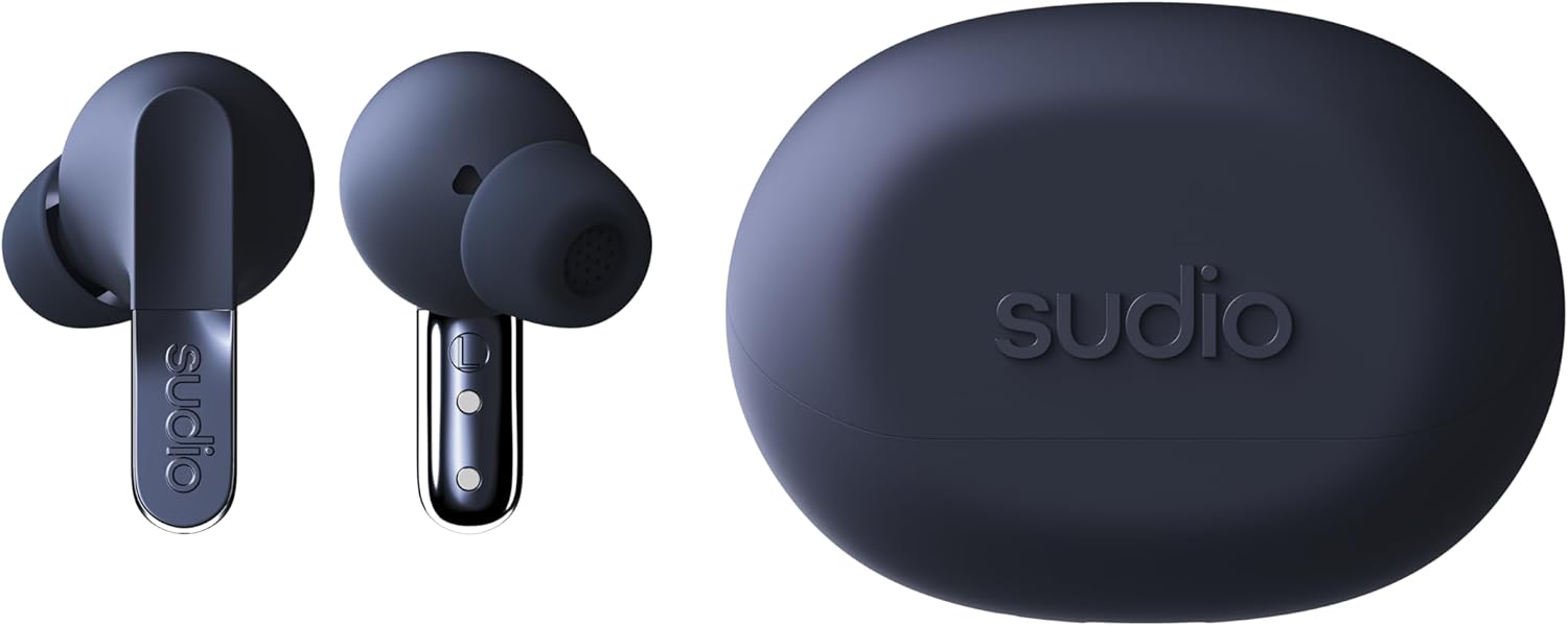 Close-up of Sudio N3 Pro earbuds, showing the silicone eartips and metallic stems.