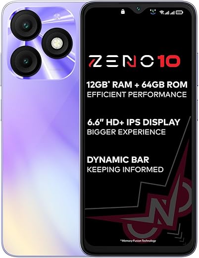 itel ZENO 10|6.6″ HD+ Display with Dynamic Bar| 4GB RAM + 64GB ROM, Upto 12GB RAM with Memory Fusion|Octacore Processor|8MP AI Dual Rear Cam|5000…