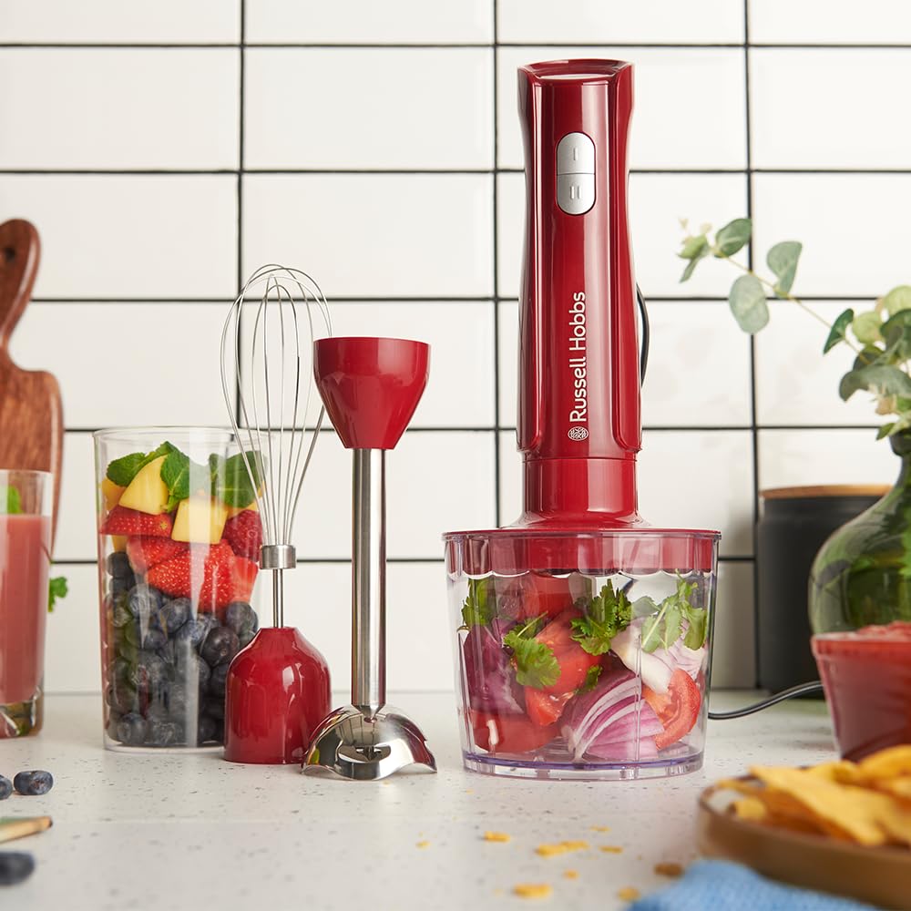 Russell Hobbs Mixeur plongeant [3 en 1 : mixeur, fouet, hachoir] Blender Rouge (bol 600 ml, smoothies, soupes, sauces, dips, lames en acier inoxydable, lavables au lave-vaisselle, sans BPA) 27142-56