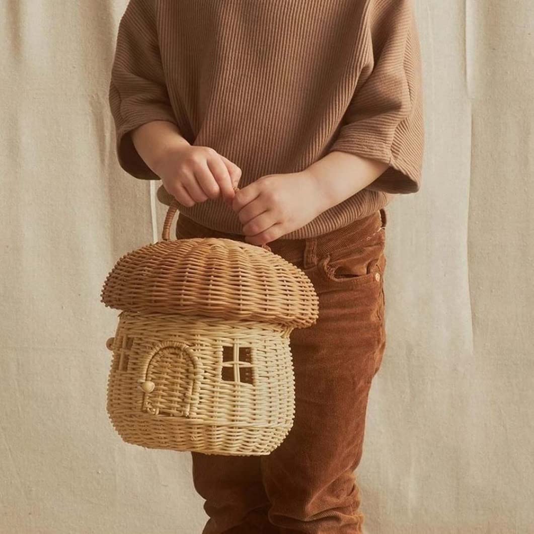 Cesta de almacenamiento tejida de ratán decorativa con forma de hongo de gran capacidad con tapa y asa, elegante cesta de mimbre para estante, despensa, cocina, baño, organizador del hogar