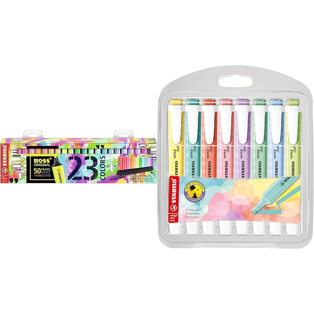 STABILO Marcador BOSS ORIGINAL - Set de escritorio 50 aniversario con 23 colores & Rotulador fluorescente swing cool pastel estuche de 8 unidades colores surtidos