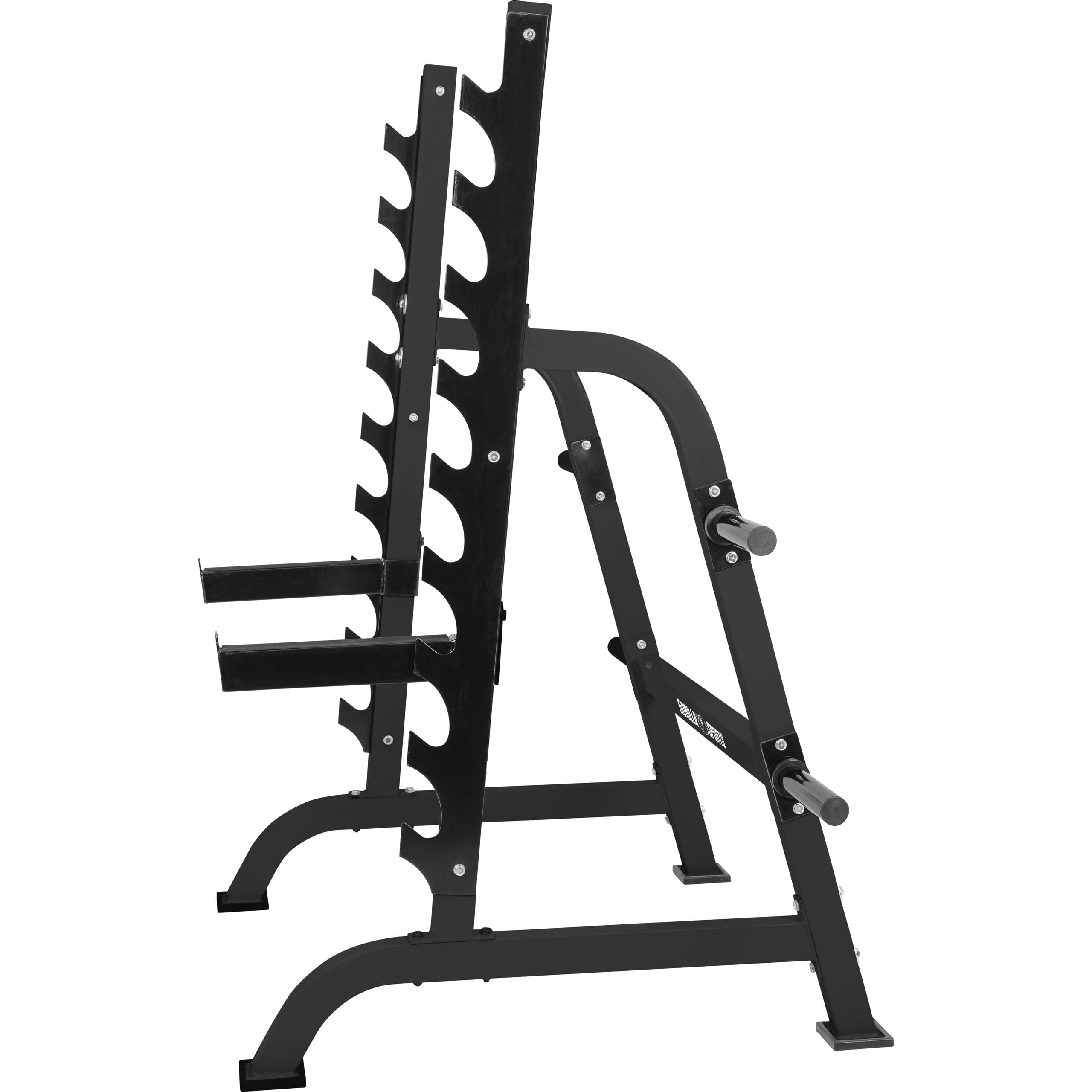 GORILLA SPORTS® Squat Rack mit 9 Ablagen und Scheibenständer, bis 300 kg | Mit 4 Aufnahmen für 50/51-mm-Scheiben und 40-cm-Sicherheitsablagen; Kniebeugenständer, Langhantelablage, Hantelständer
