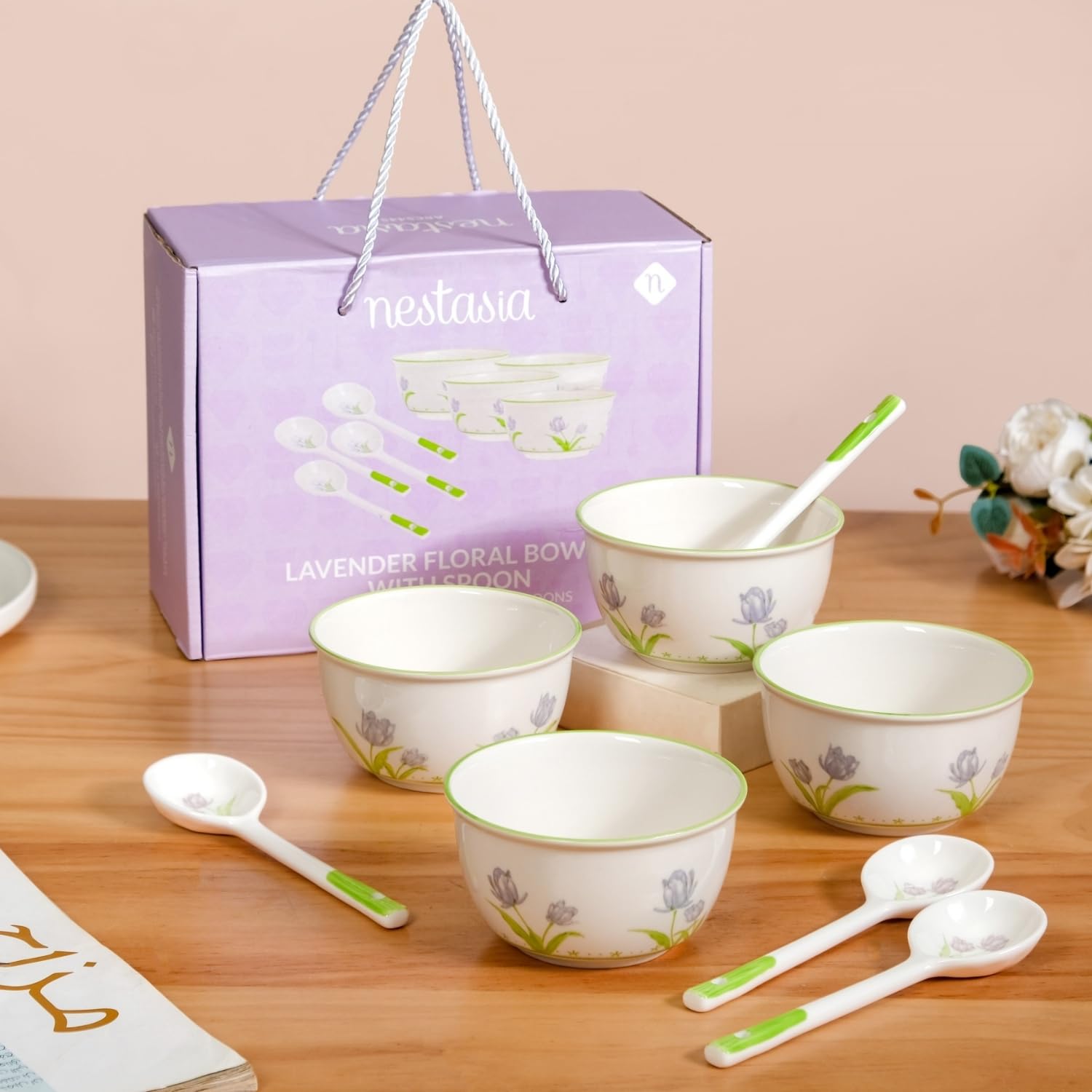 Nestasia Set of 4 Ceramic Soup Bowl with Spoon (400ml) - Microwave Safe Bowl for Serving Soup, Curry, Dal, Custard, Kheer & Dessert | Floral Design Bowl Set Perfect for Gifting & Daily Use