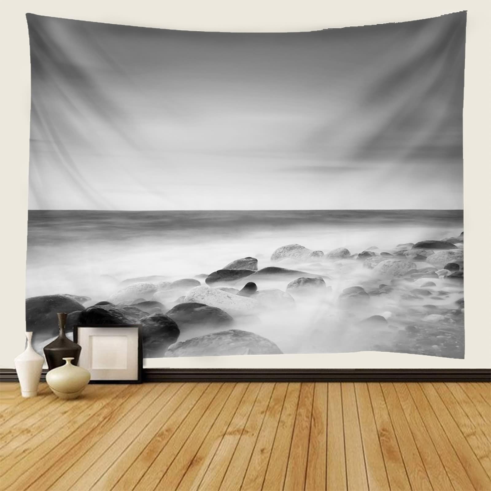 Bishilin Boho wiszący na ścianie szary, skała i ocean fajna sztuka gobelin 350 x 256 cm do dekoracji domu wewnątrz i na zewnątrz