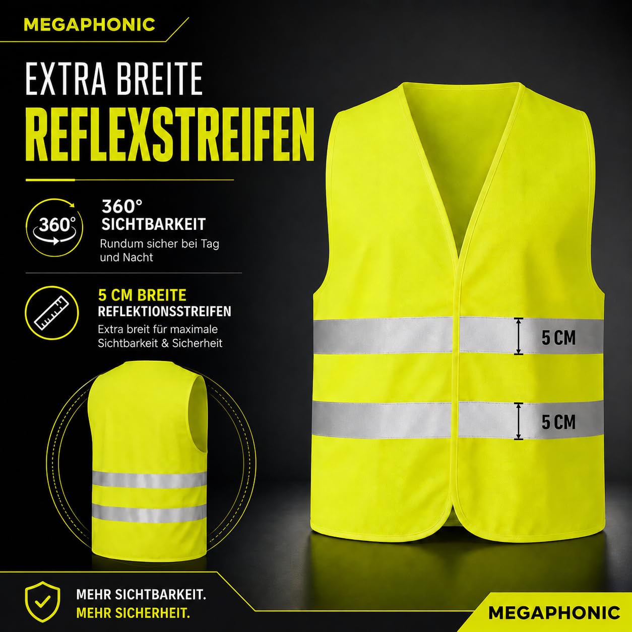 MEGAPHONIC Warnwesten Auto – Reflektierende Auto Warnweste für Kfz, Panne, Notfall & Sicherheit, Warnweste Auto in verschiedenen Packungsgrößen