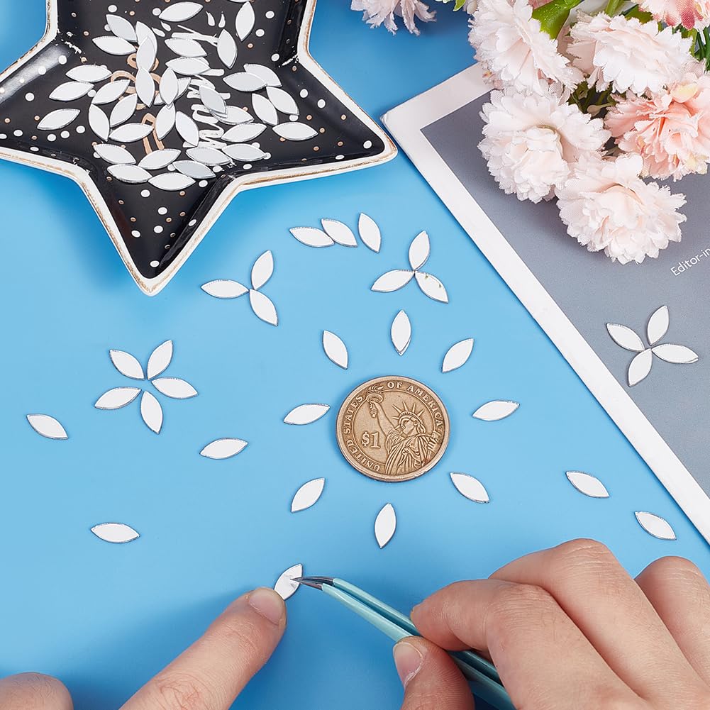 OLYCRAFT 300Pcs Self-Adhesive Leaf Mosaic Tiles 0.4x0.2 Inch Mirror Mosaic Tiles 0.8mm Thick Mini Acrylic Mirror Tiles Silver DIY Mirror Mini Mirrors for Crafts Art Wall Door Home Decorations