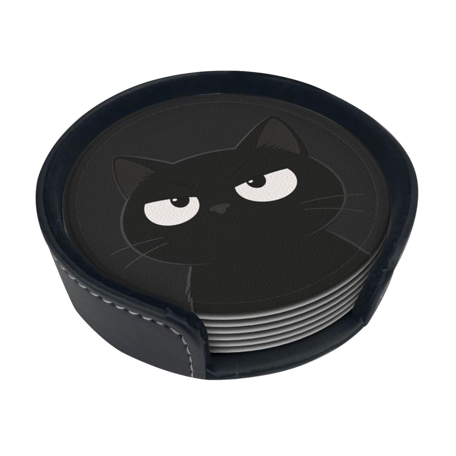 Black Cat Leather Coasters-Set of 6 with Storage Holder