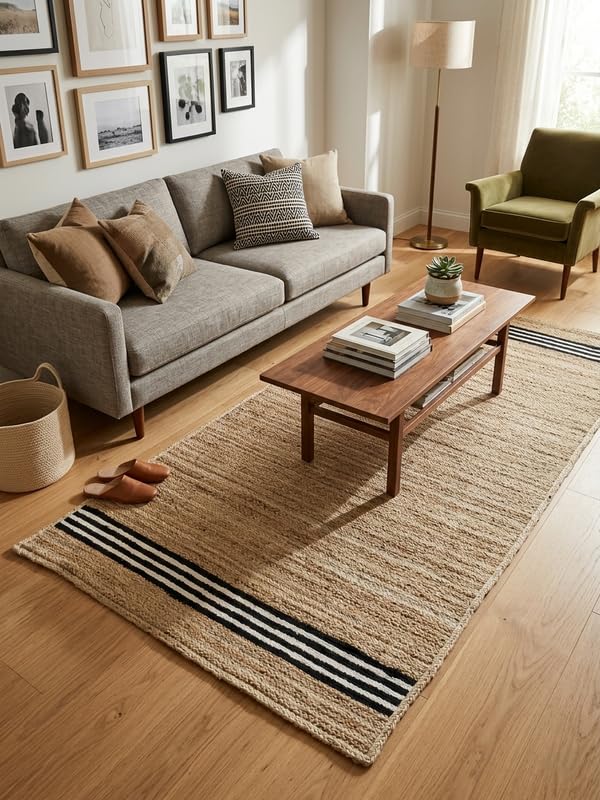 Alfombra de yute boho chic de salón para crear ambientes acogedores y cálidos