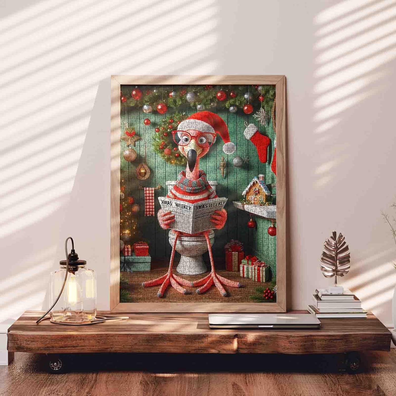 Christmas Cute Flamingo Jigsaw Puzzle for Adults 1000 Pieces, Funny Animal Newspaper Art Puzzle 20 x 27 Inch Colorful DIY Craft Xmas Puzzles for Home Decoration, Perfect for Game Nights