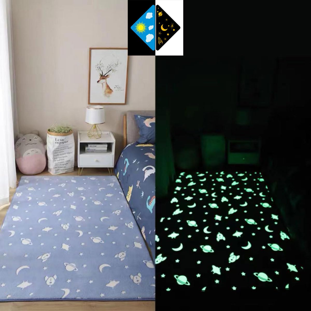 Single tree forest Glow-In-The-Dark Children'S Bedroom Bedside Carpet, Home Decoration Washable Play Rug, Crawling Mat-Blue Stars And Moon-190 * 240cm