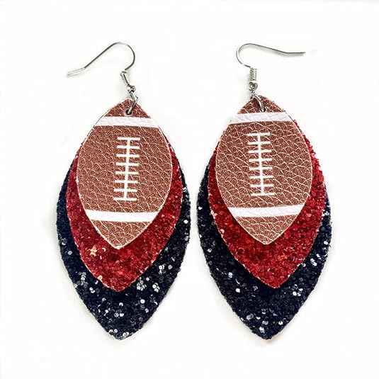 Glitter Faux Leather Football Dangle Earrings For Women – Football Jewelry Gift For Moms, Girls, Sports Fans, No Gemstone