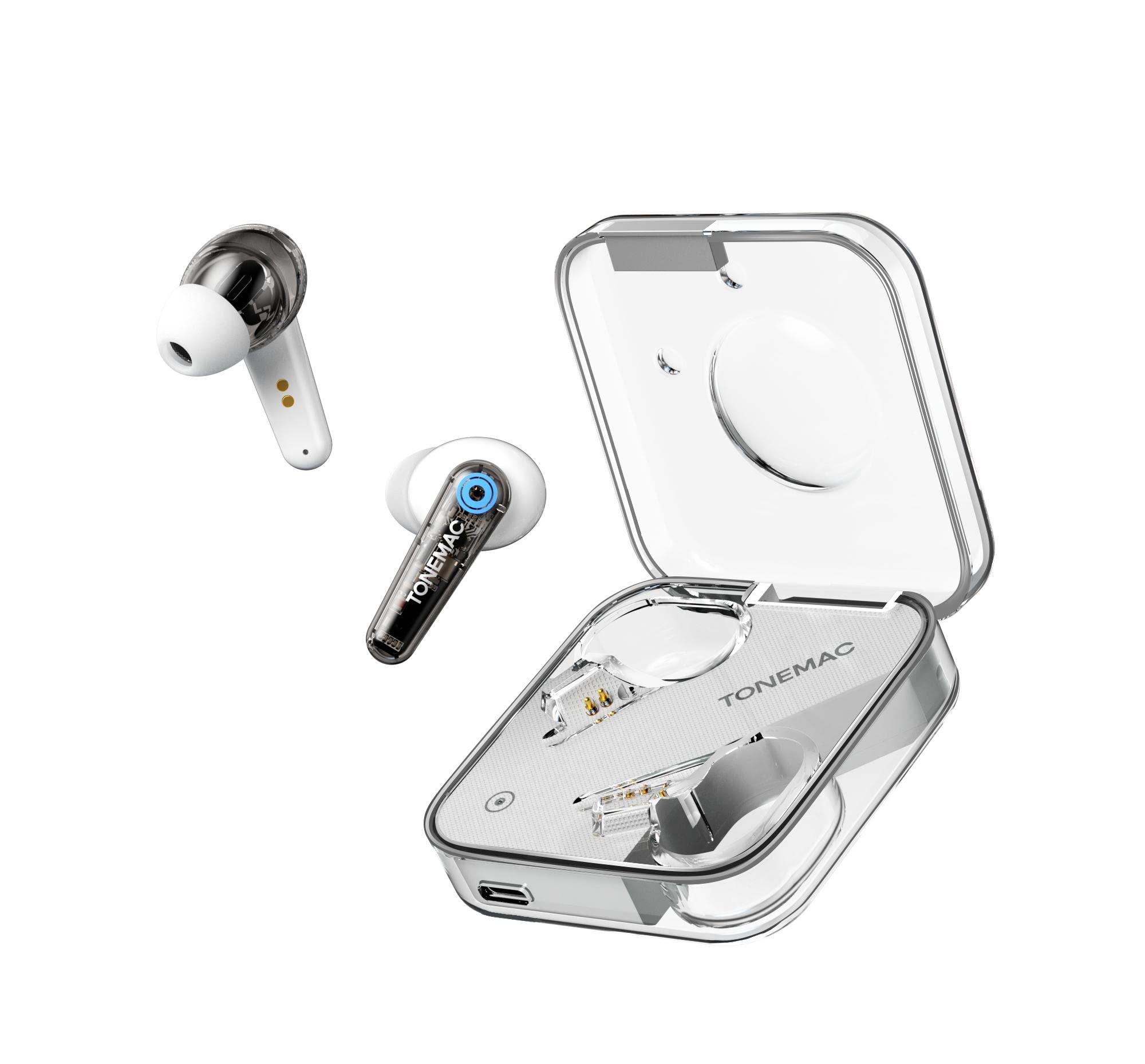 TONEMAC W17 Freebuds earbuds in their transparent charging case.