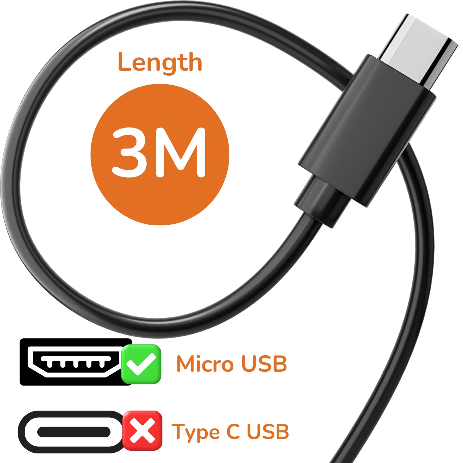 JMROY Cavo Micro USB 3M Cavo di ricarica Micro USB Android Cavo di ricarica rapida per