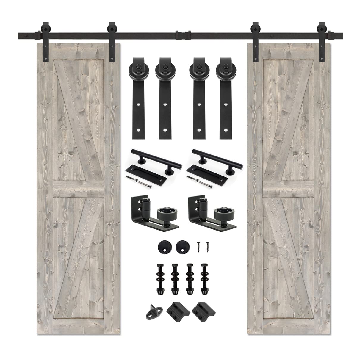 S&Z TOPHAND® 24x84in Double Elephant Gray British Brace Knotty Barn Door with 8FT Sliding Door Hardware Kit/Double-Sided Door Handle/Solid Wood/Sliding Door/Double Surfaces/Simple Assembly is Required