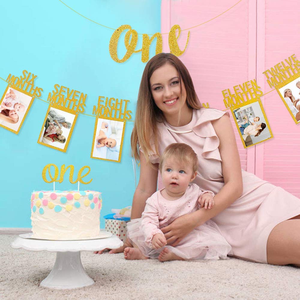 Festiko 1st Birthday Baby Photo Banner for Newborn to 12 Months, with ONE Banner, and Cake Topper, Monthly Milestone Photograph Bunting Garland First Birthday Celebration Decoration 1