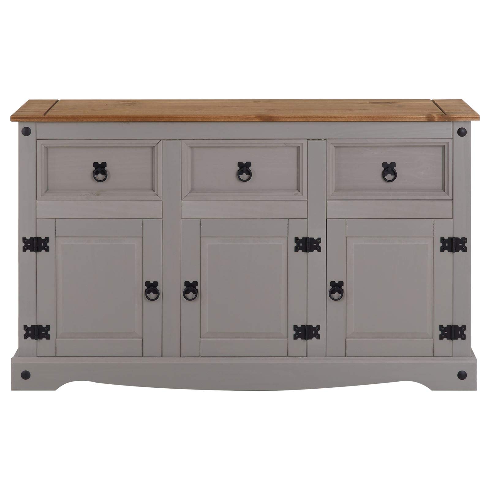 CARO-Möbel Sideboard Ramon Landhausstil Kommode Kiefer massiv grau lasiert mit 3 Schubladen und 3 Türen