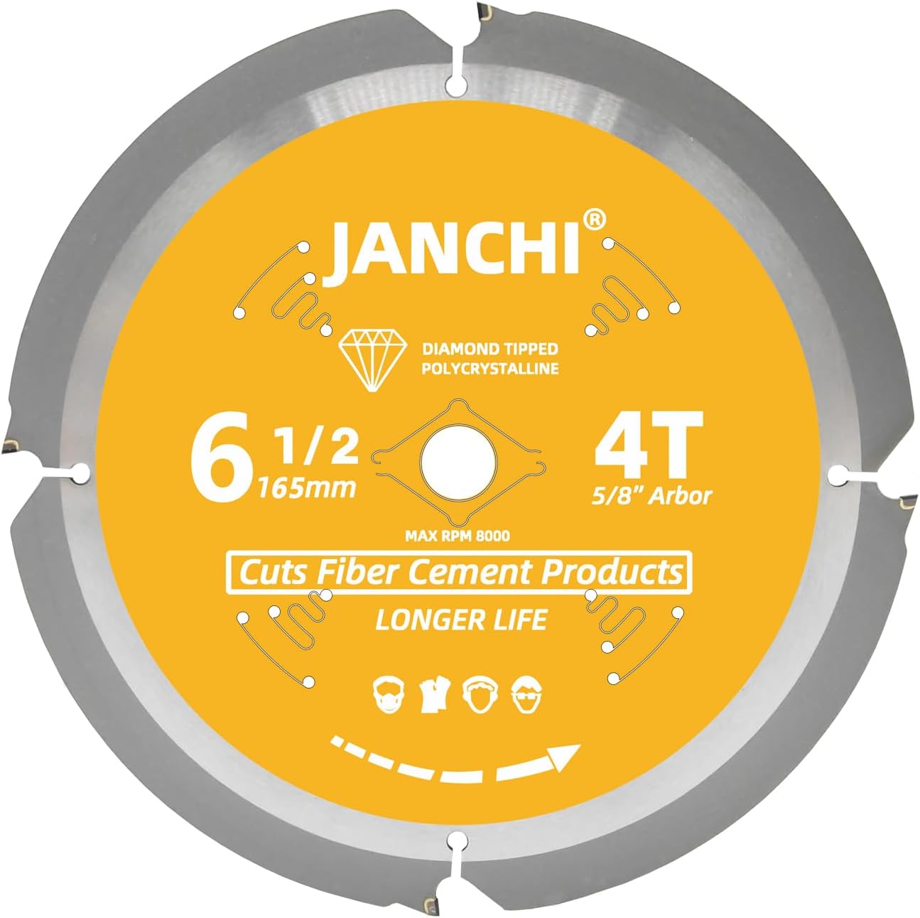 Janchi 6-1/2 Inch 4T PCD Tip Hardie Fiber Cement Circular Saw Blade with 5/8-Inch DMK Arbor, Polycrystalline Diamond Tipped Teeth Saw Blade for Laminate Flooring