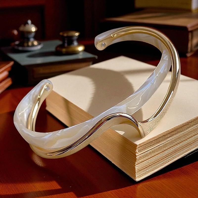 Modern Wave Design Cuff Bracelet, Gold-Tone Acrylic Bangle, 2.5 inch, C-Shaped Opening White/Pink Acrylic Bracelets Board Bend Metal Bangles 7