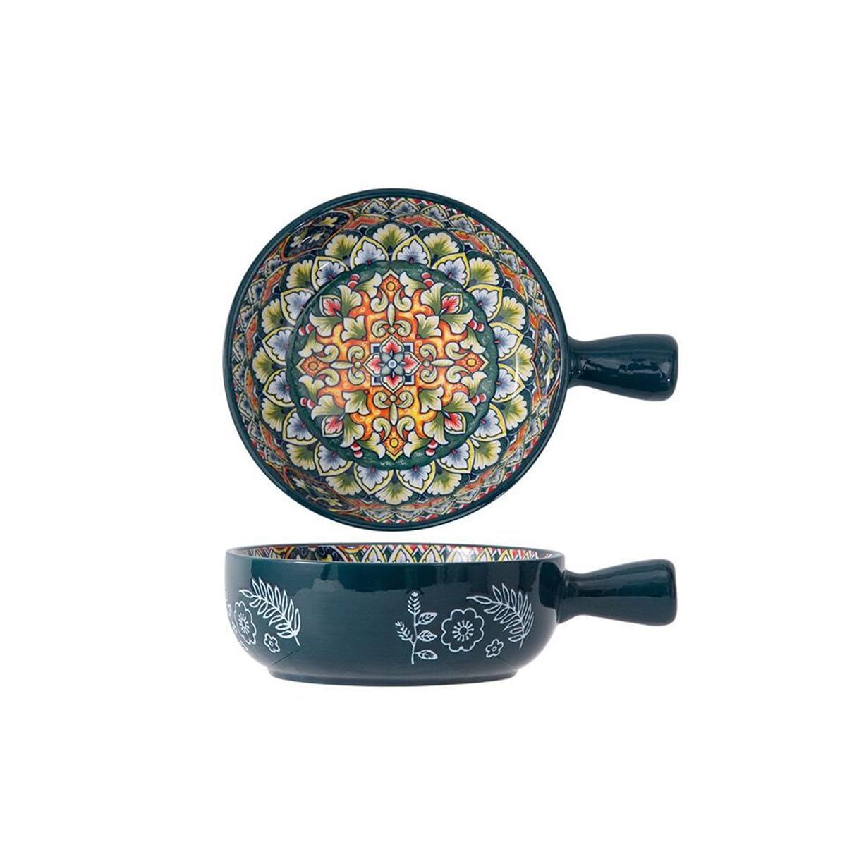 KKgud Hand-painted Ceramic Serving Bowl with Handle, 6 Inches Round Salad Bowl - Bohemian Pattern (Green)