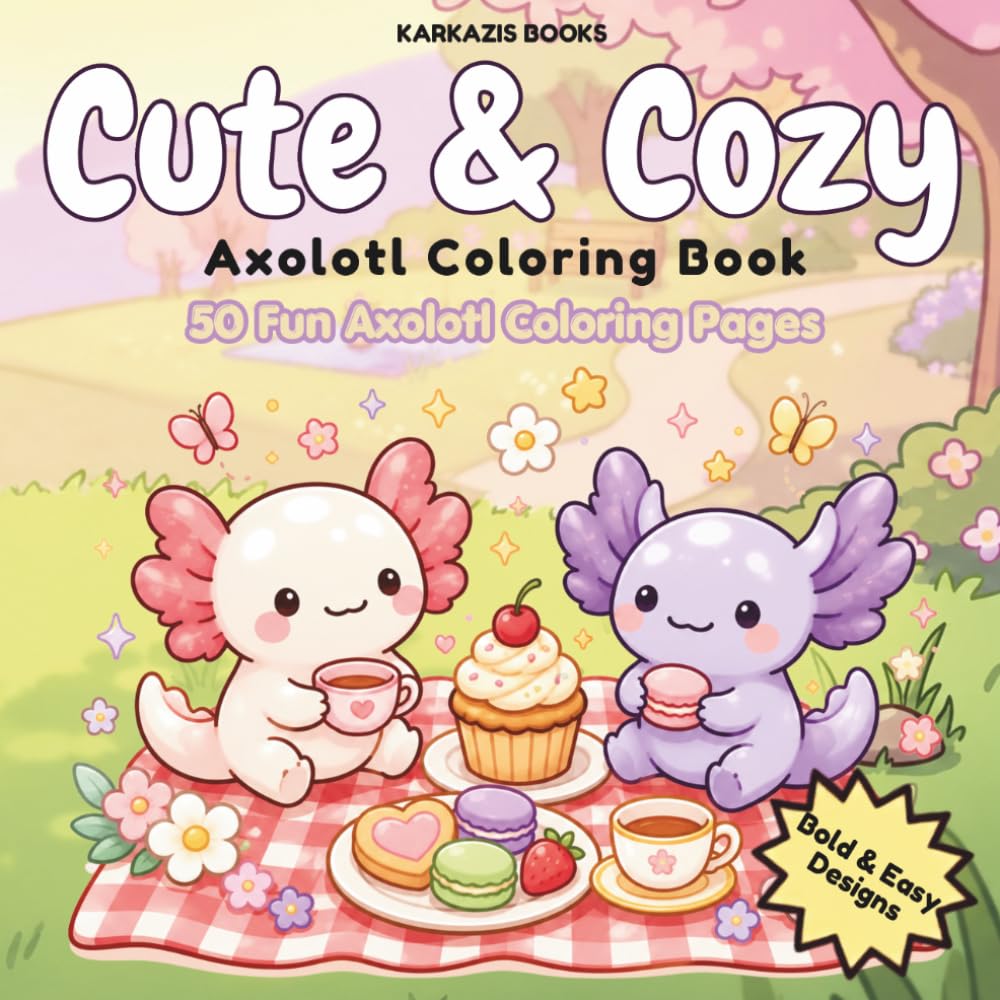 Cute & Cozy Axolotl Coloring Book: 50 Fun Axolotl Coloring Pages | A Kawaii Coloring Book for Adults, Teens & Kids | Featuring Adorable Axolotls in ... & Easy Designs, and Relaxing Coloring Fun