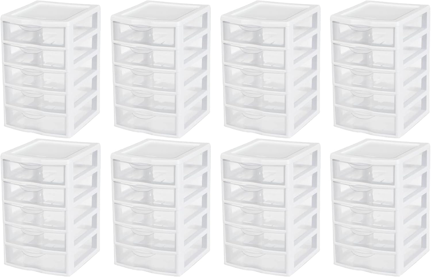 Sterilite Small 5 Drawer Desktop Storage Unit, Tabletop Organizer for Desk, Countertop at Home, Office, Bathroom, White with Clear Drawers, 8-Pack
