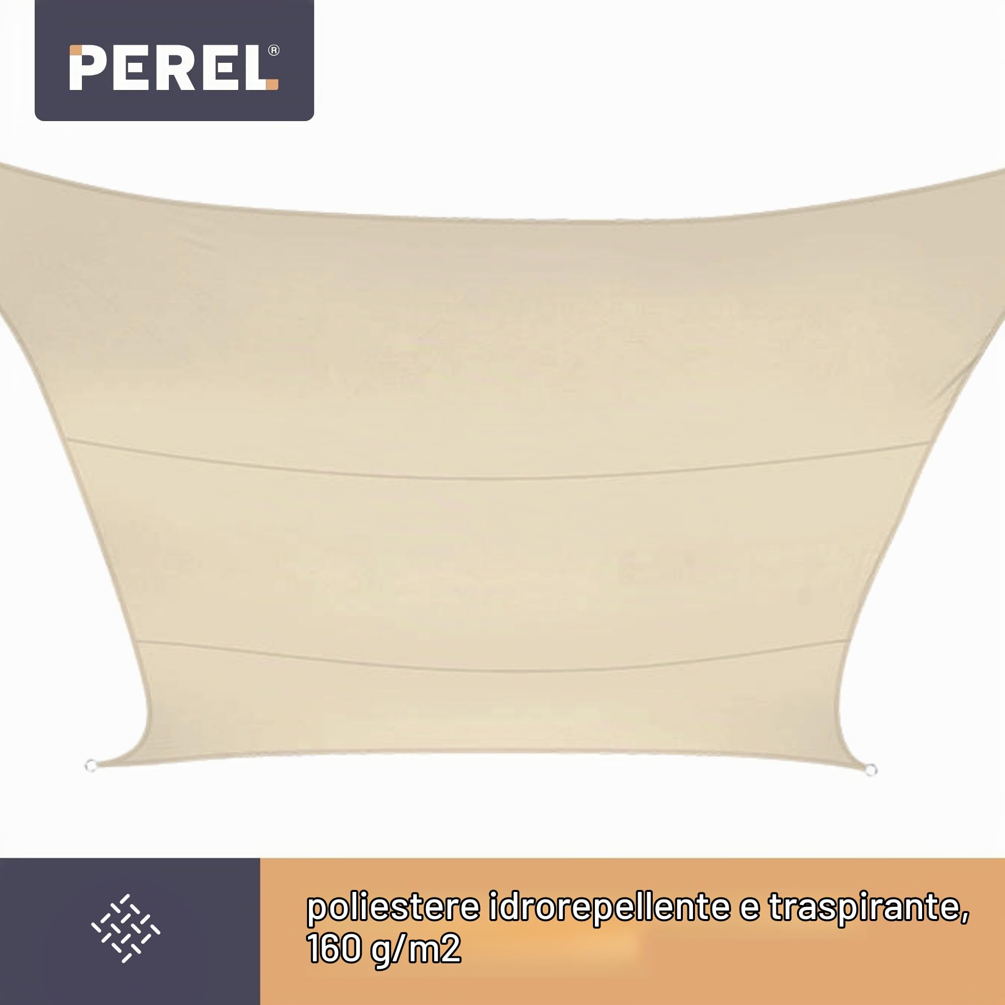 Perel Vela ombreggiante 3.6 x 3.6 m, quadrata per giardino e terrazza, poliestere idrorepellente 160 g/m2, protezione UV 90%, traspirante, crema