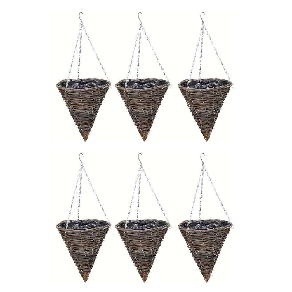 Wicker Basket Planters – Natural Rattan Willow Hanging Flower Pots with Polythene Liner & Metal Chain – Large Decorative Cone Shaped Hanging Planters for Indoor & Outdoor (Cone 30cm, 12Inch x 6Pack)