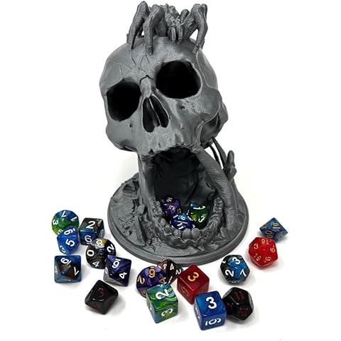MunnyGrubbers - 6.5" Skull Dice Tower - (Random 7PCS D20 Dice Set Included) - No Paint Odorless Plastic - Tabletop Roleplaying Game - Dice Roller - Dungeons and Dragons - DND - D&D - (Skull (Silver)) Cover