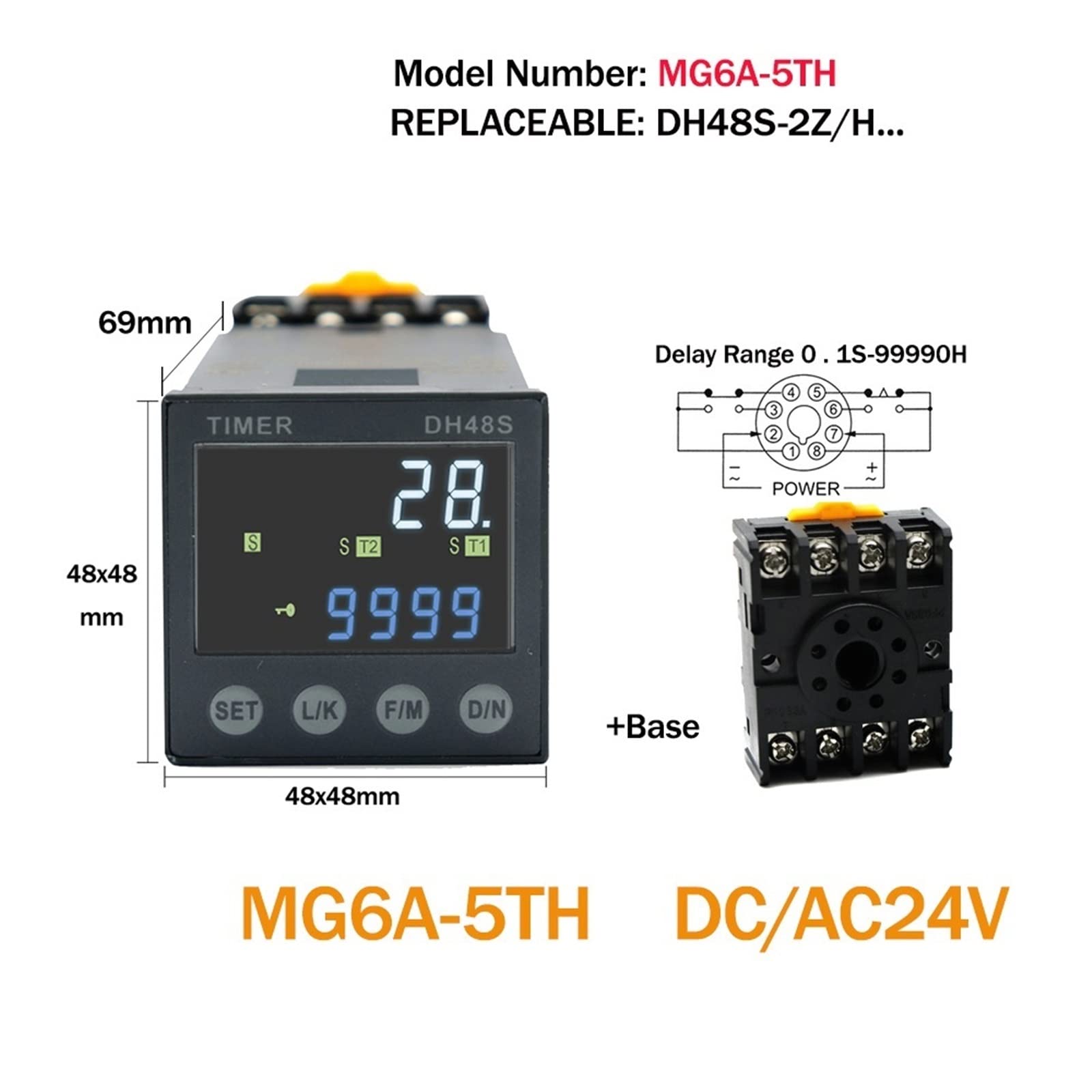 Produkt DH48S DC/AC24V AC220V Programmierbares Verzögerungsrelais 0,01S-99990h mit Sockelsockel DH48S Serie Zeitrelais 1St (Size : MG6A-5TH - 24V ACDC)