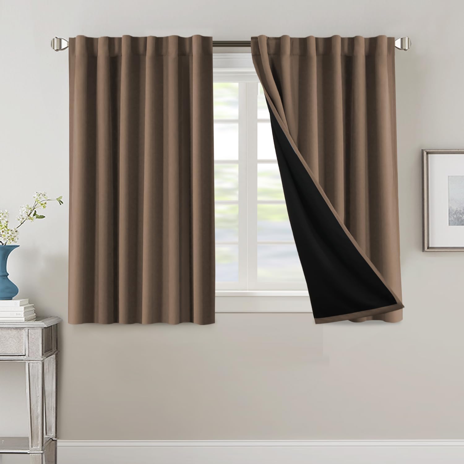 H.VERSAILTEX 100% Blackout Curtains for Bedroom with Black Liner Full Room Darkening Curtains 45 Inch Long Thermal Insulated Back Tab/Rod Pocket Window Drapes for Living Room, 2 Panels, Macchiato 52"W x 45"L (Pack of 2) Macchiato