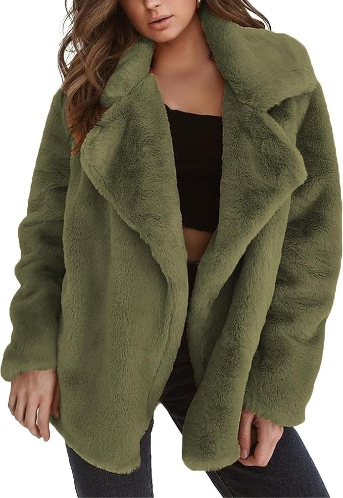 Women's Lapel Open Front Warm Faux Fur Jacket Coats Long Sleeve Fleece Cardigan Jackets Overcoat with Pockets