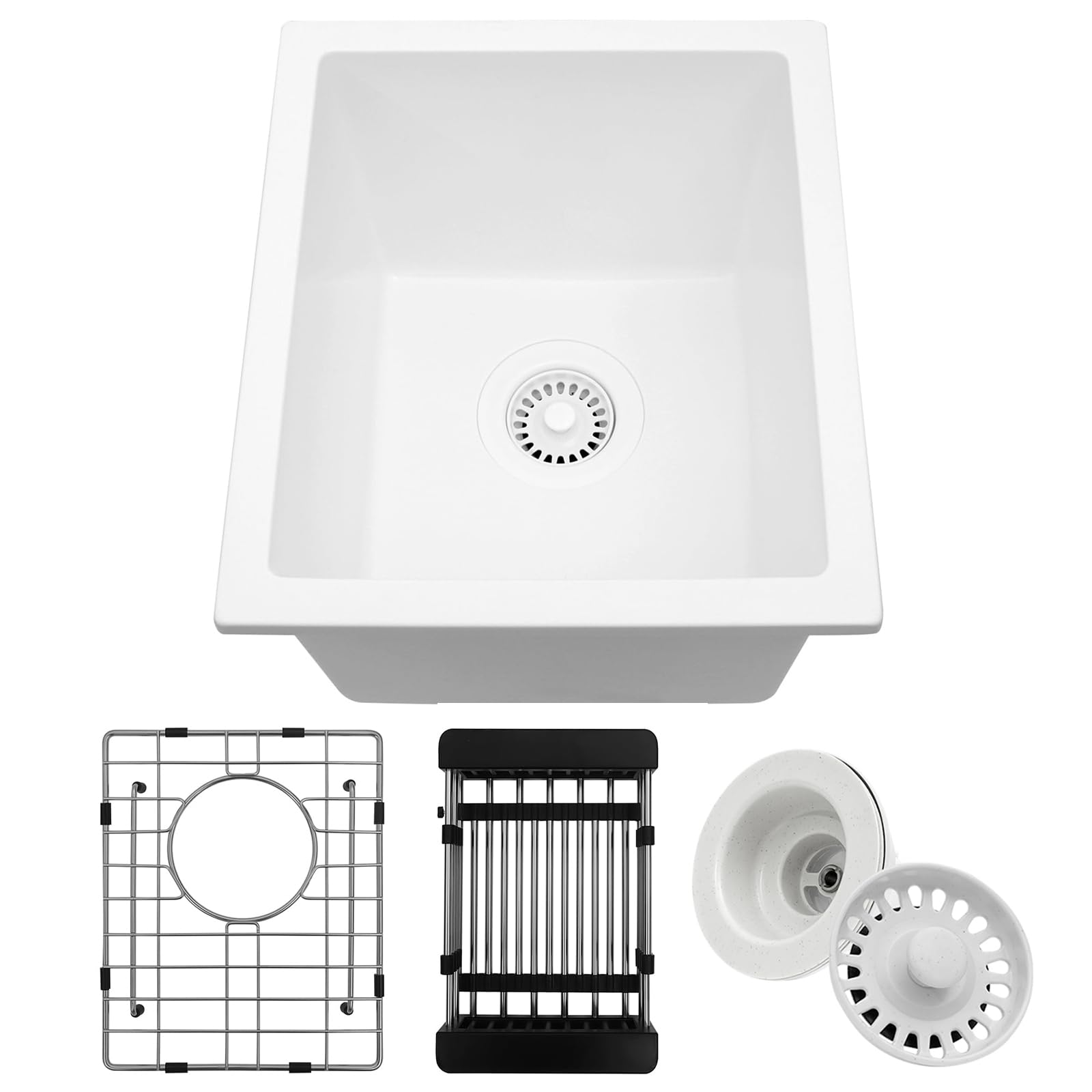 White Bar Sink, 13" x 15" x 10" Undermount Kitchen Sink, 13 Inch Small and Deep Single Bowl Granite Composite Kitchen Sink with Accessories, 13 x 15 White Quartz Stone Bar Sinks