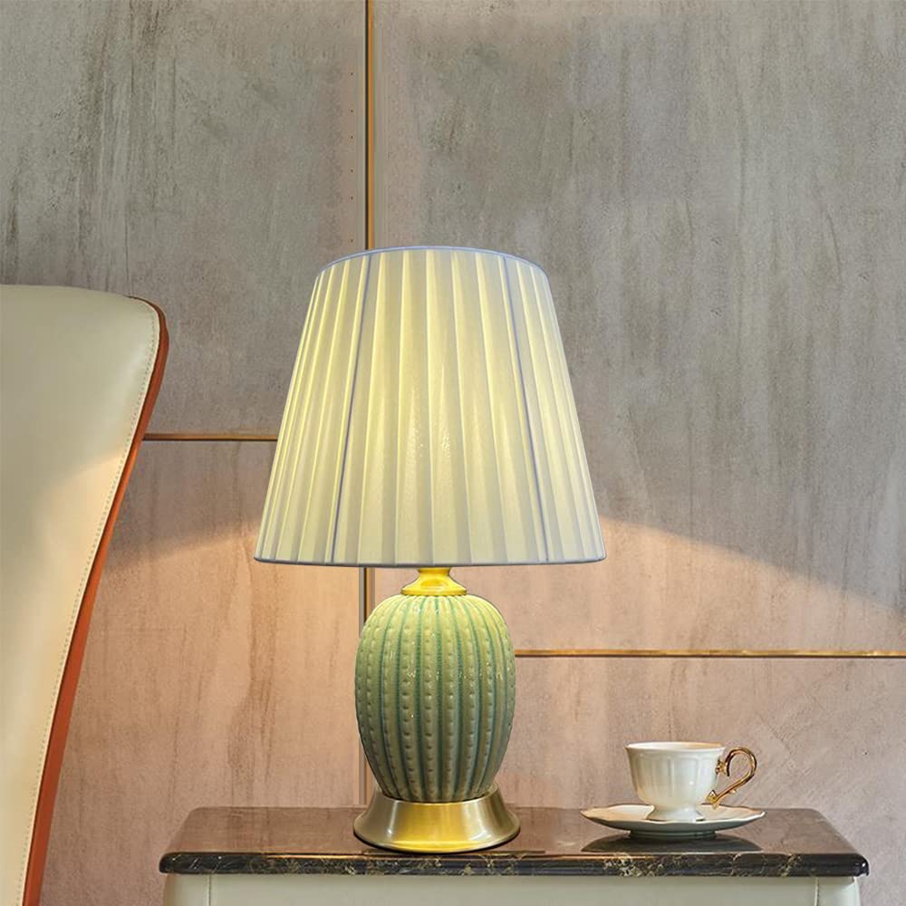 Mengjay Keramik Tischlampe Tischleuchte Nachttischlampe,Keramik Leichter Körper Tuch Lampenschirm Schlafzimmer Wohnzimmer Tischlampe Beleuchtung und Armaturen,Nachttisch Schreibtischleuchten (Grün)