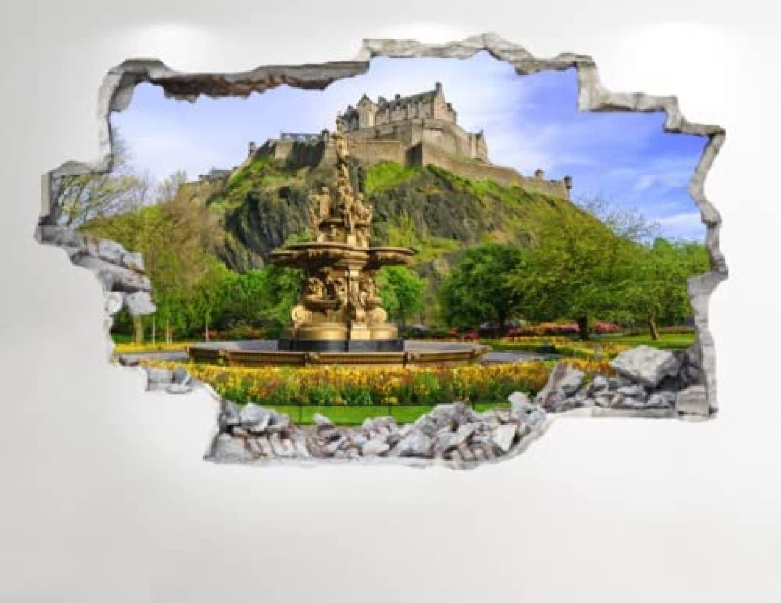 Wall Stickers 3D Smashed Murals Edinburgh Castle Wall Sticker 3D Look - Bedroom Lounge Scotland Wall Decal Z266 65x97cm