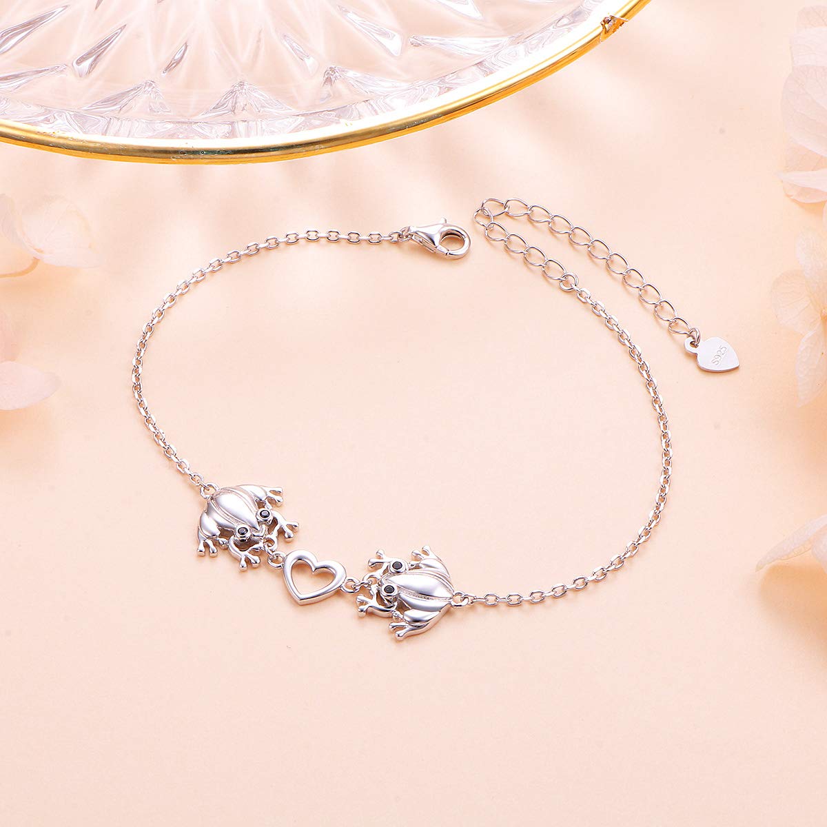(Salute e longevità) S925 Bracciale a forma di tartaruga/rana in argento Sterling per donne adolescenti e ragazze, regolabile con animale, gioielli da 17 + 5 cm