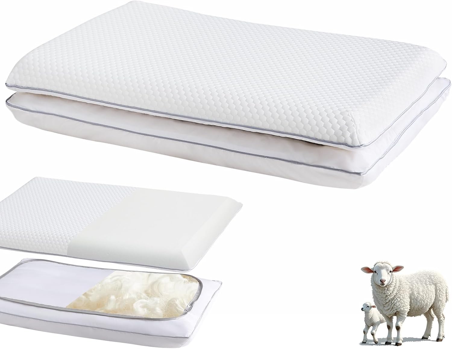 YOUR MOON Soft Support Memory Foam Pillow Queen Size, Wool Pillow for Sleeping, Adjustable Layer High Down Alternative Pillows, Breathable & Noiseless Cover (White)