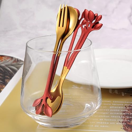 Miniatura 5 de AnSaw 5 cucharas de café pequeñas y 5 tenedores para postres, acero inoxidable de 4.7 pulgadas con mango de hojas (rojo y dorado)