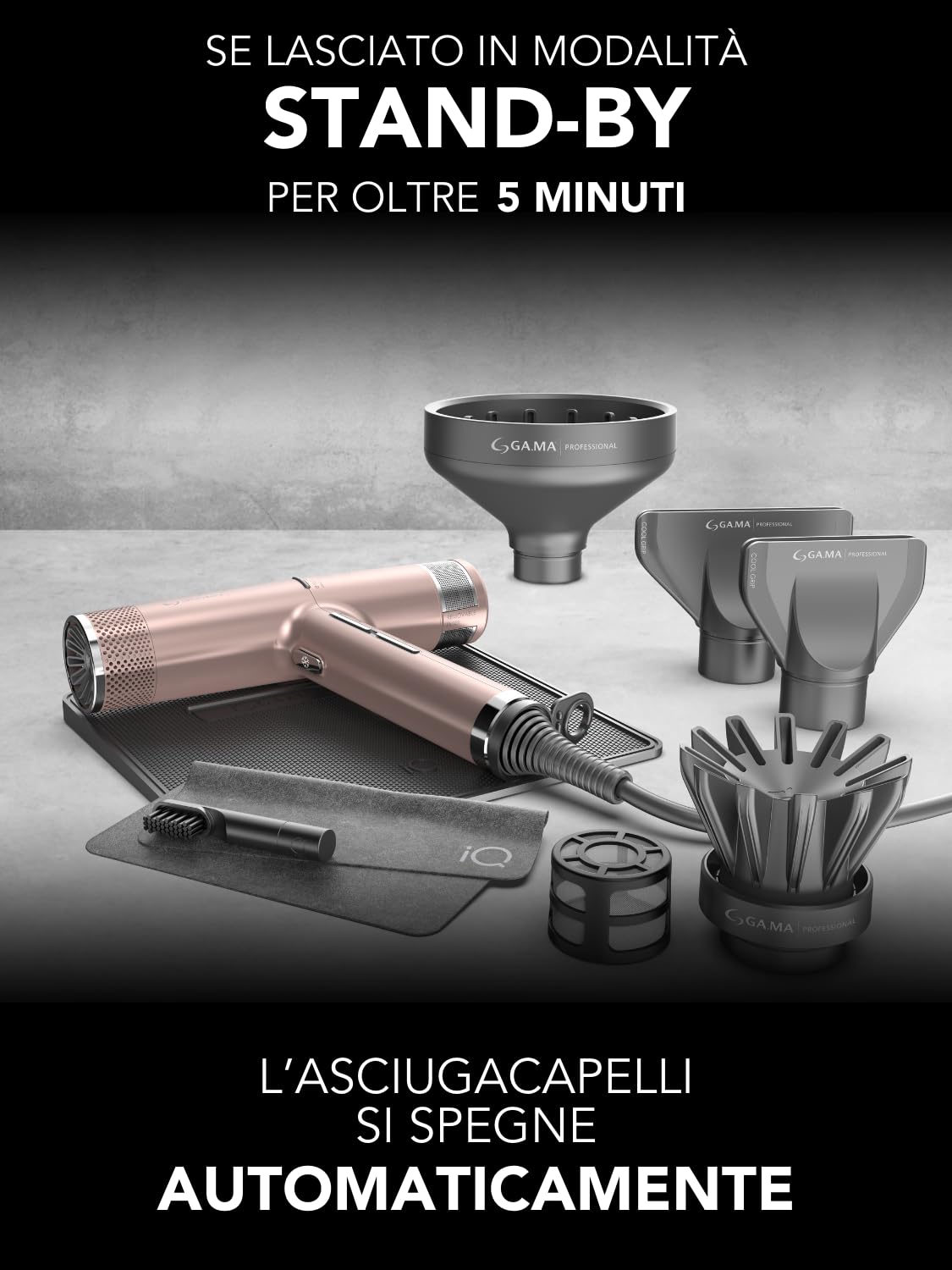 GA.MA Italy Professional, Asciugacapelli iQ3 Perfetto, Phon Ultraleggero con Motore Brushless da 110.000 giri/min, Tecnologia Stand-by e Funzione Turbo, 1600 W di Potenza, Gold Rose