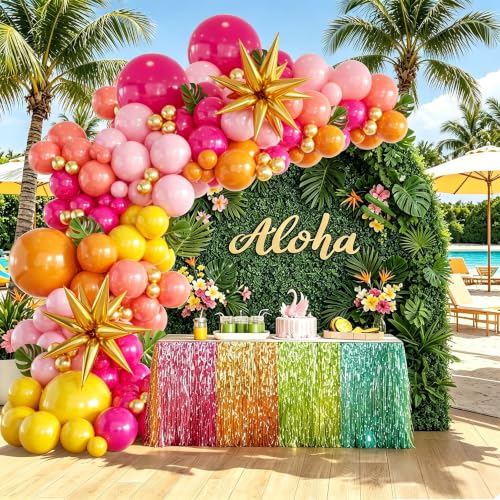 Image of 152Pcs Tropical Balloon Arch Garland Kit, Sunset Hot Pink Orange Coral Red Yellow Metallic Gold with Foil Star Balloons for Hawaiian Luau Birthday Graduation Party Decorations