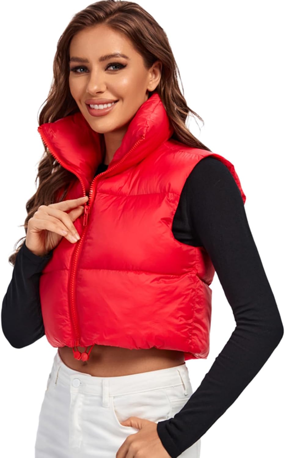 Fuinloth Women's Padded Vest, High Stand Collar Lightweight Zip Crop Puffer Gilet - Image 2