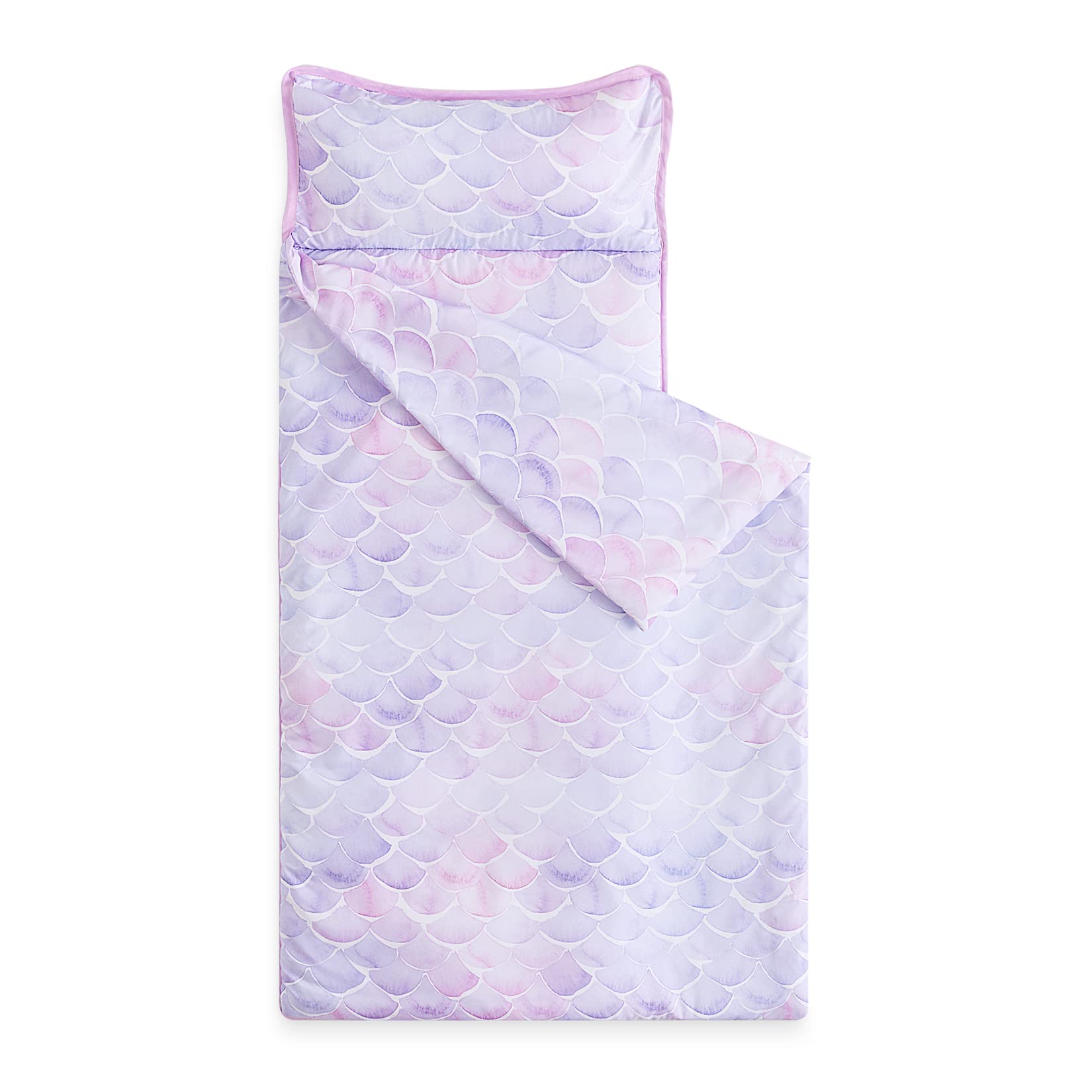 Wake In Cloud - Toddler Nap Mat with Pillow and Blanket, for Kids Girls in Kindergarten Daycare Preschool Pre K, Roll Up Sleeping Bag, Cute Colorful Mermaids, Pink Purple, Standard