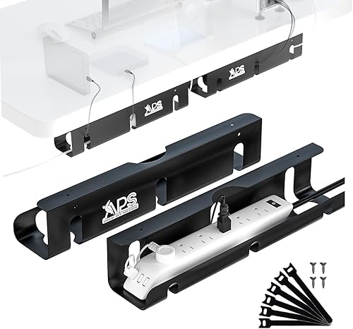 APS Bandeja de organización de cables debajo del escritorio, paquete de dos organizadores de cables de metal negro de 16 pulgadas, adhesivo o
